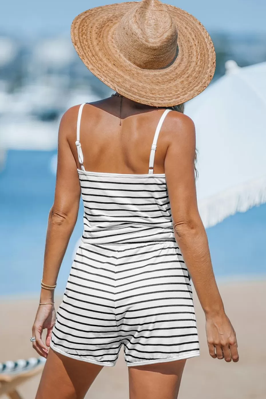 Best Sale Cupshe Striped Drawstring Cami Romper White