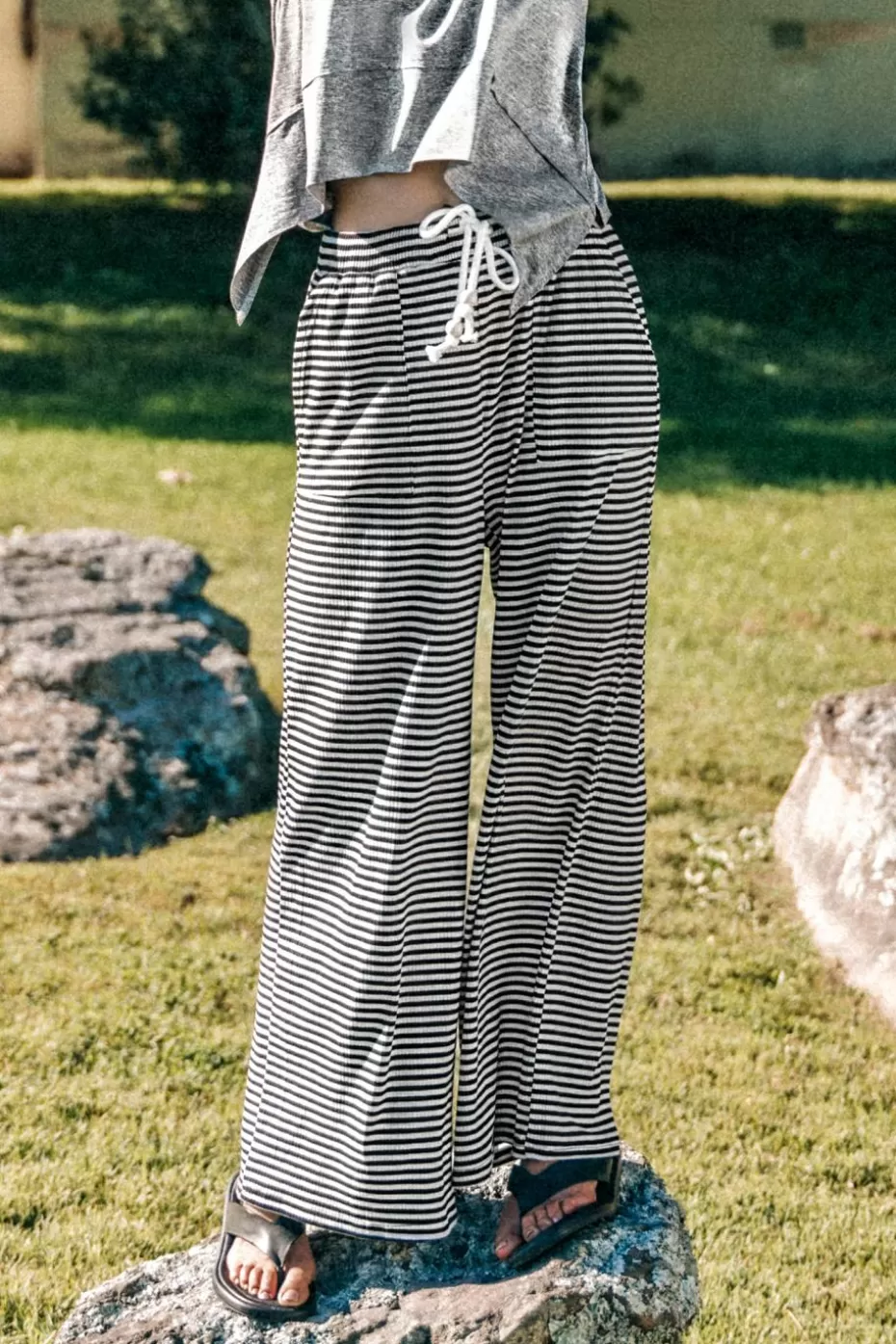 Outlet Cupshe Striped Drawstring Waist Wide Leg Pants White