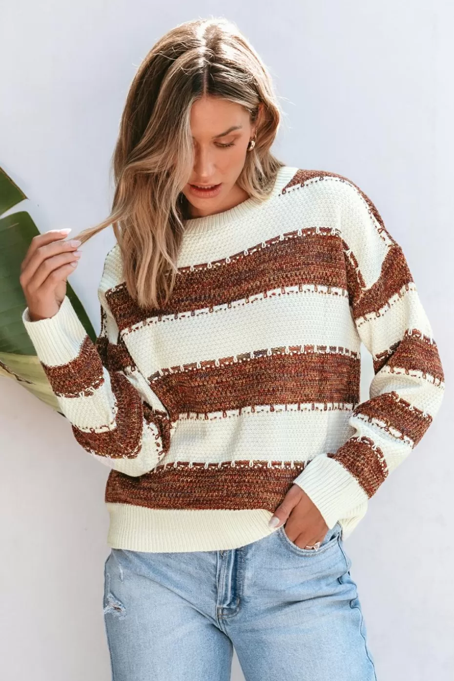 Flash Sale Cupshe Striped Drop Shoulder Long Sleeve Sweater White