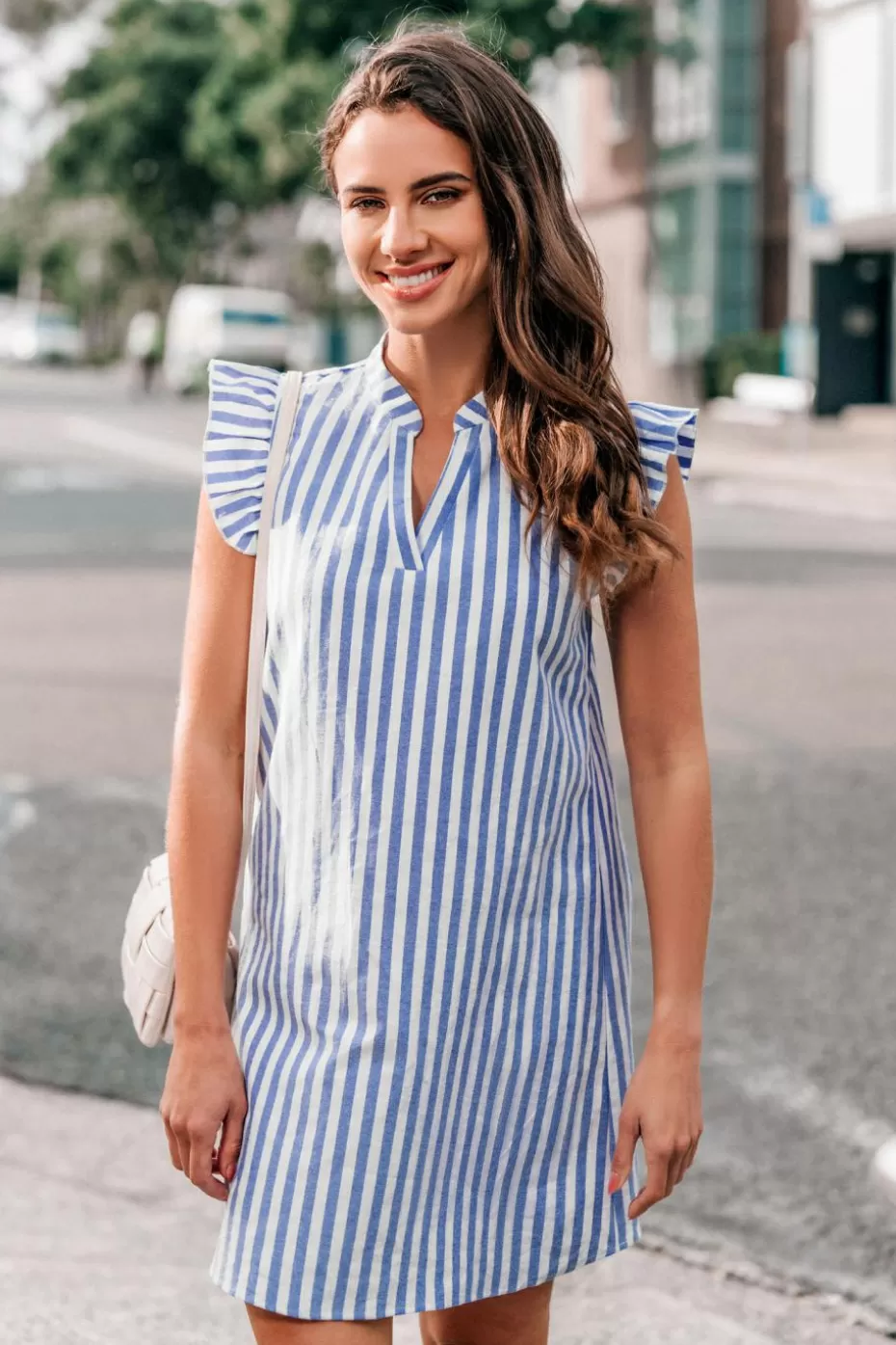 Hot Cupshe Striped Flutter Sleeve Mini Dress Blue