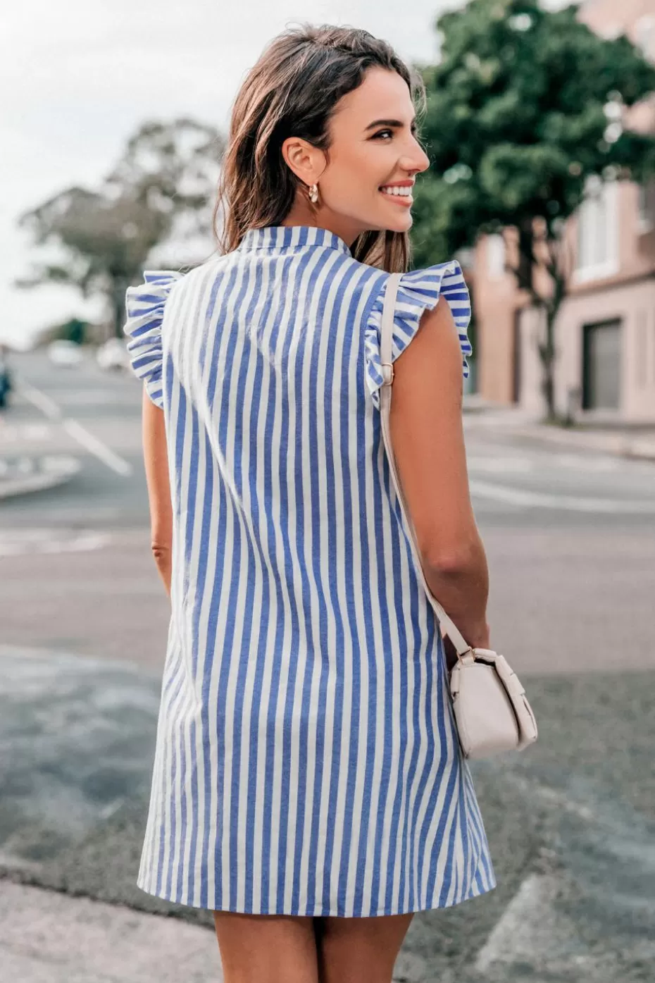 Hot Cupshe Striped Flutter Sleeve Mini Dress Blue