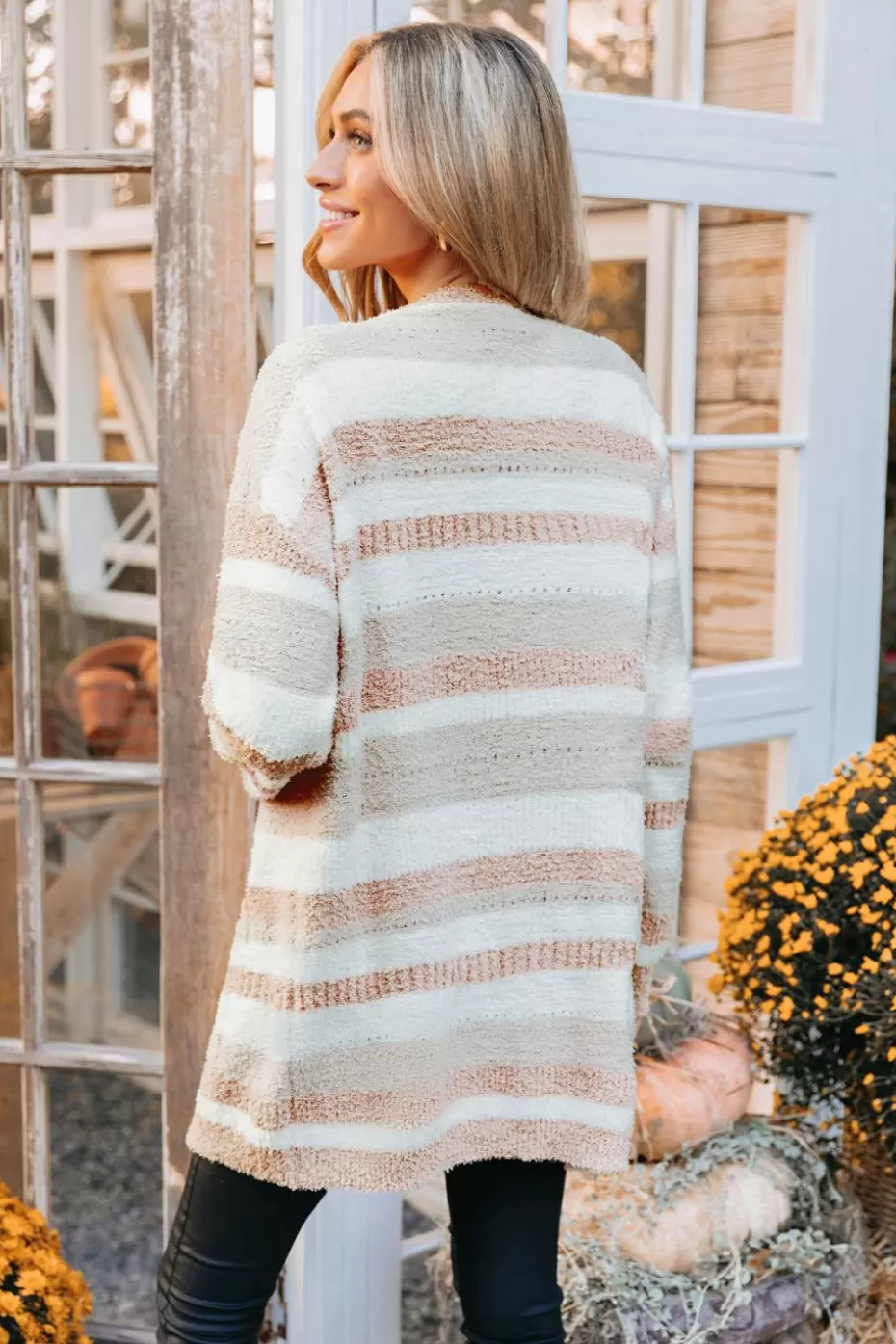 Hot Cupshe Striped Fuzzy Knit Open-Front Cardigan Pink