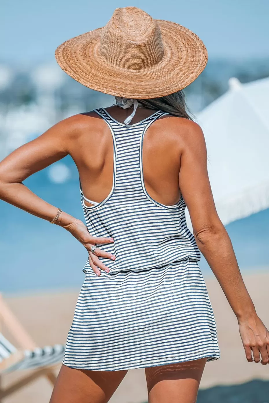 Outlet Cupshe Striped Jersey Sleeveless Pocket Cover-Up Mini Dress Navy
