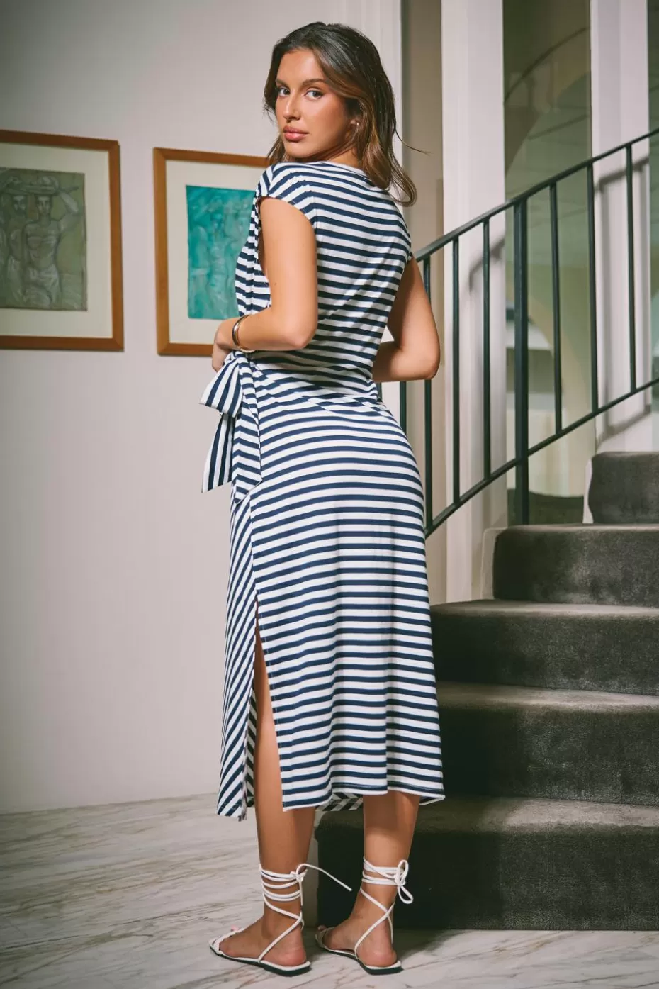 Online Cupshe Striped Knotted Tie Maxi Jersey Dress Black