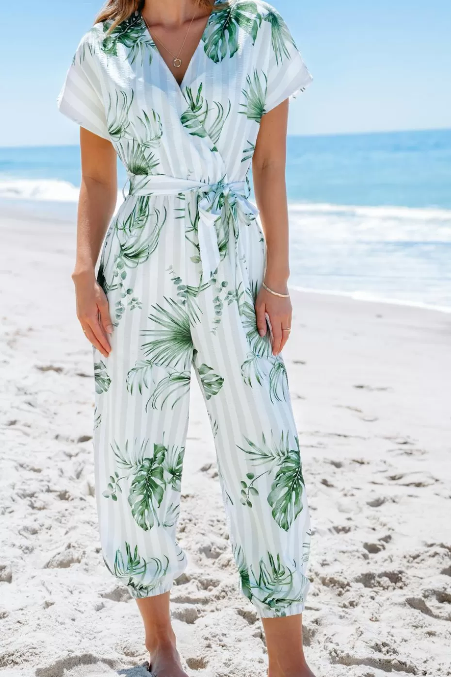 Hot Cupshe Striped Leaf Print Jogger Jumpsuit Off White/Ivory