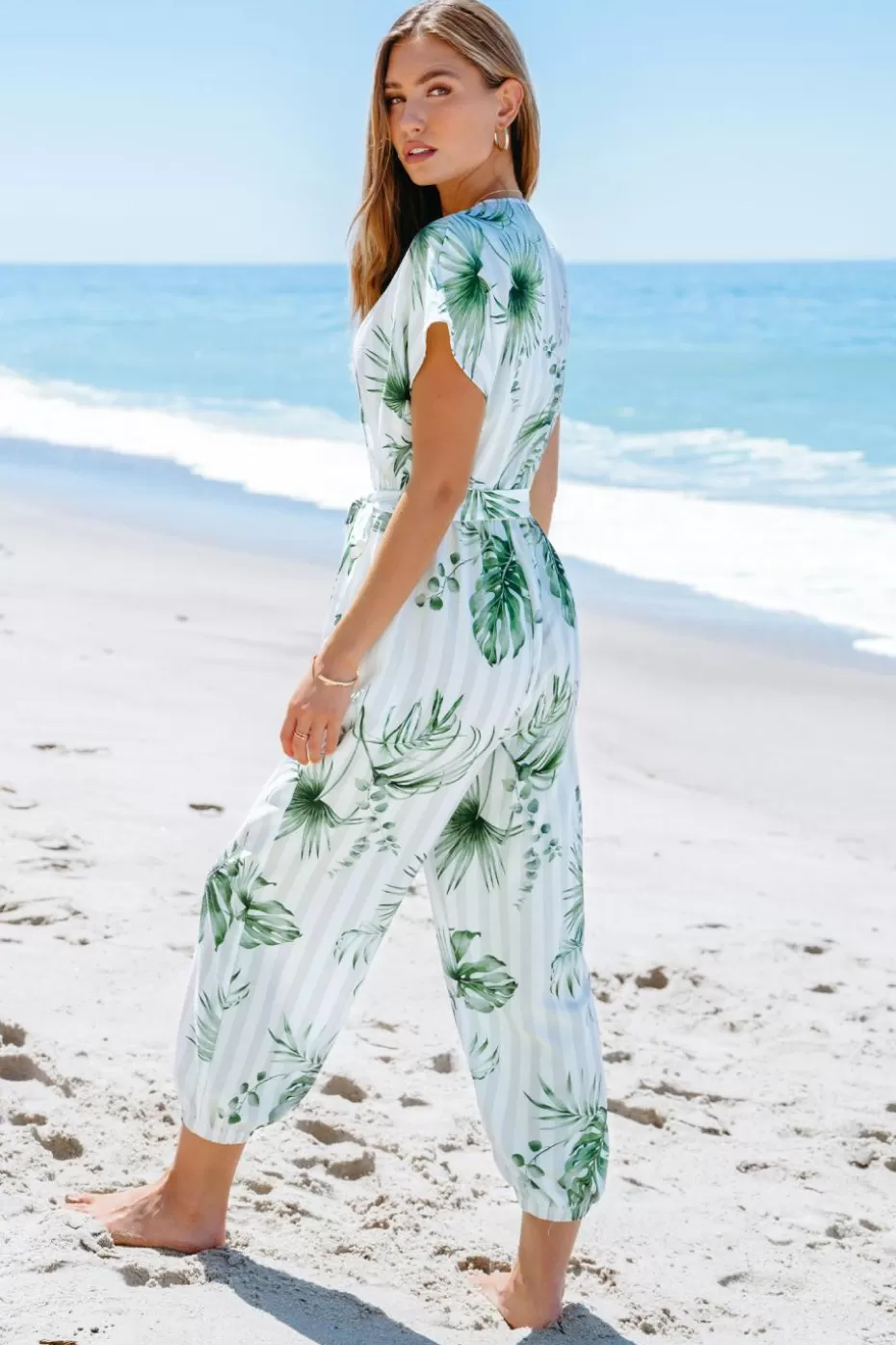 Hot Cupshe Striped Leaf Print Jogger Jumpsuit Off White/Ivory