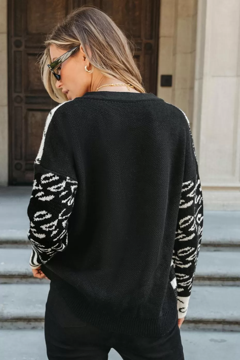 Outlet Cupshe Striped Leopard Print V-Neck Cardigan Black