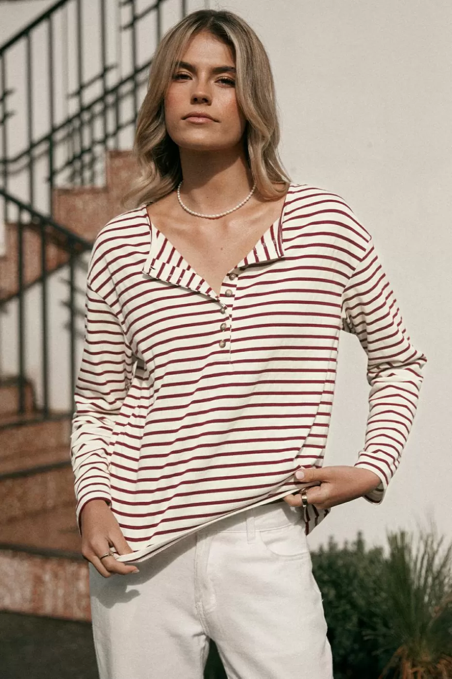 Sale Cupshe Striped Long Sleeve Jersey Henley Red