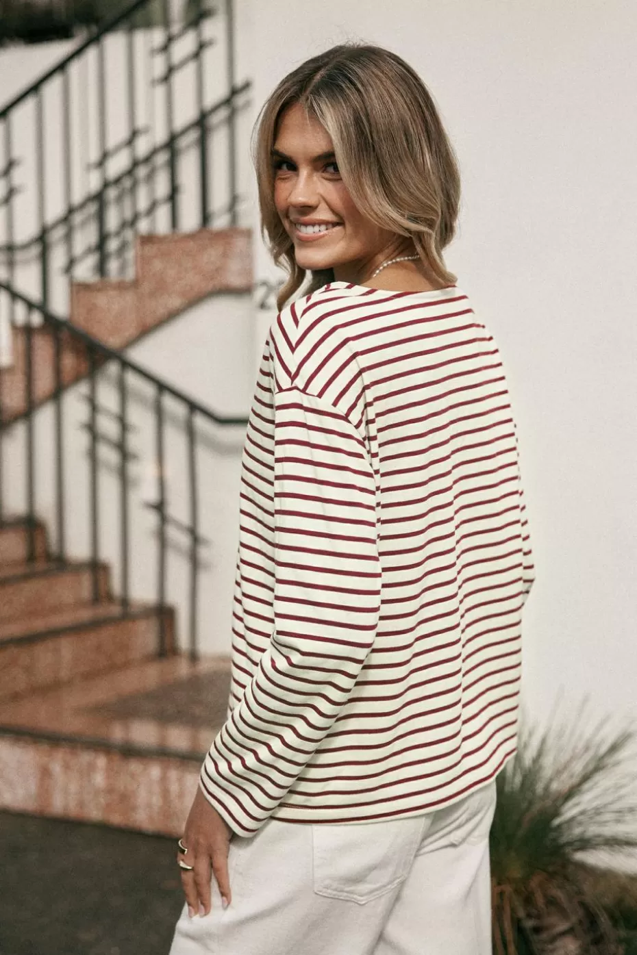 Sale Cupshe Striped Long Sleeve Jersey Henley Red