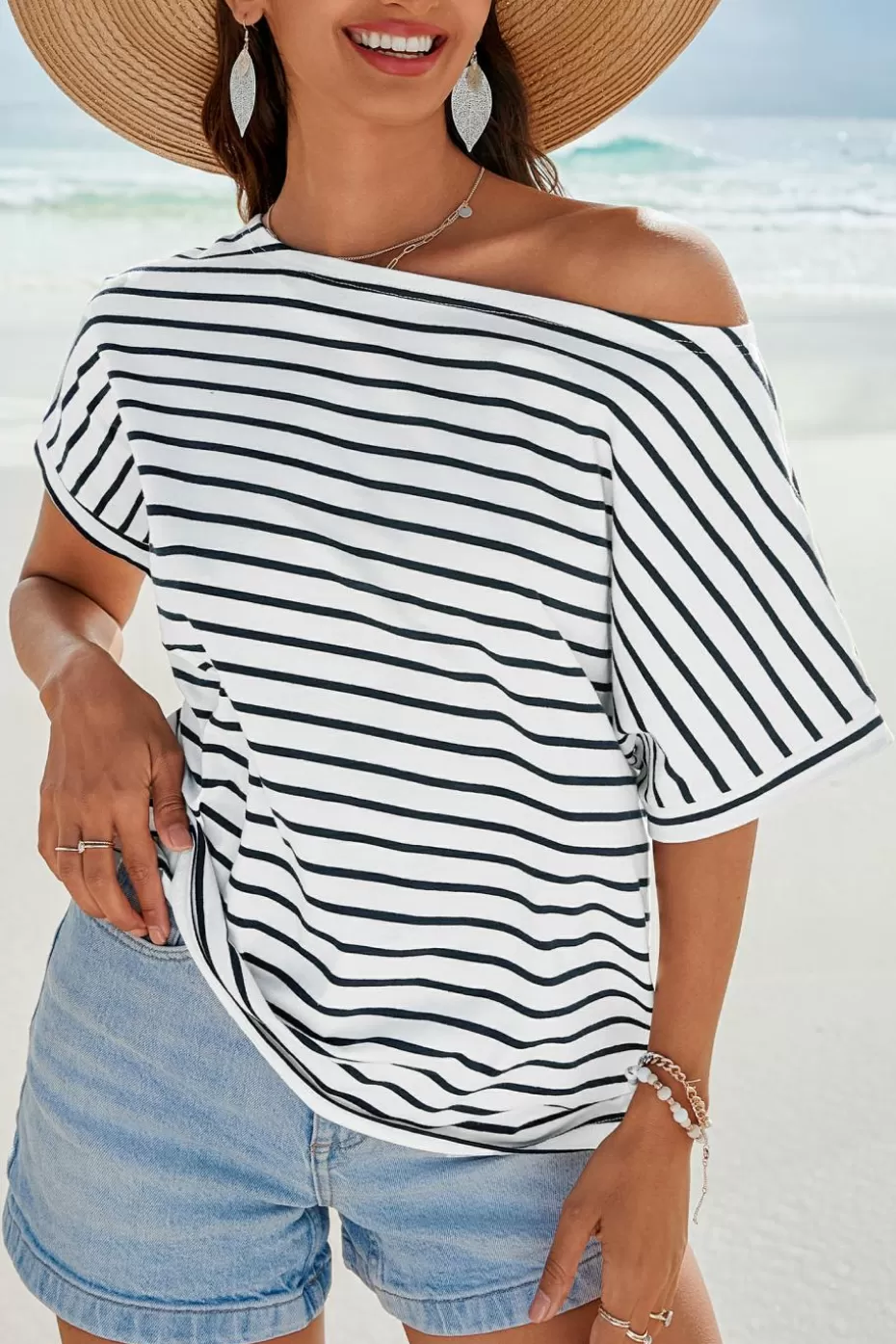Shop Cupshe Striped Off-Shoulder Jersey Tee Blue
