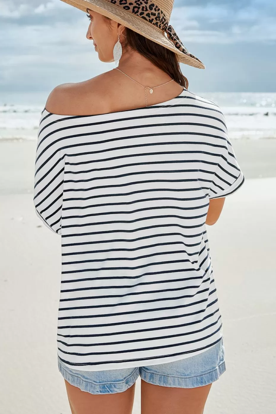 Shop Cupshe Striped Off-Shoulder Jersey Tee Blue