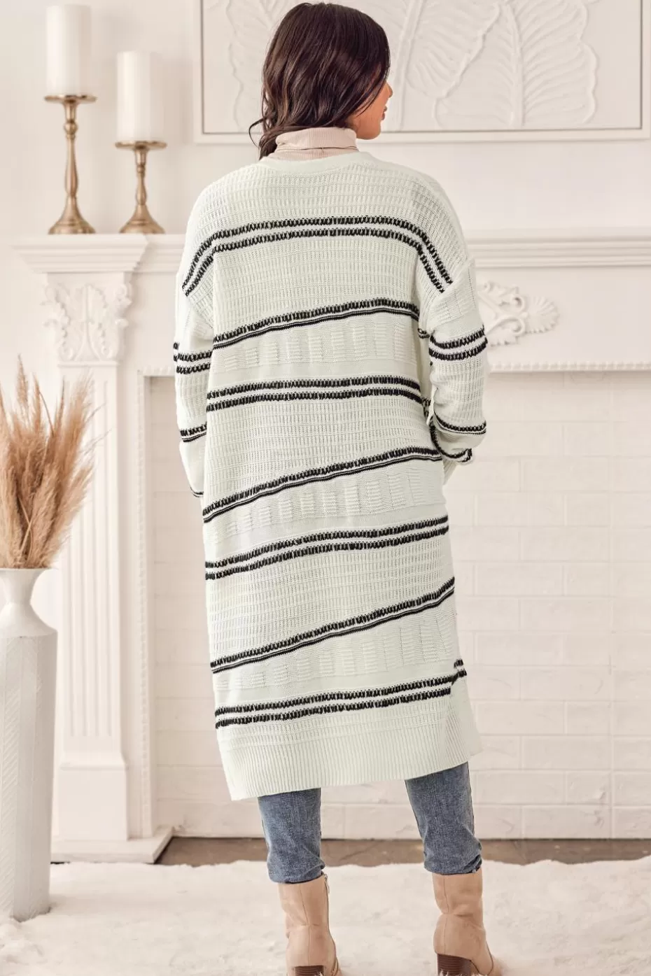 Discount Cupshe Striped Open-Front Longline Cardigan White