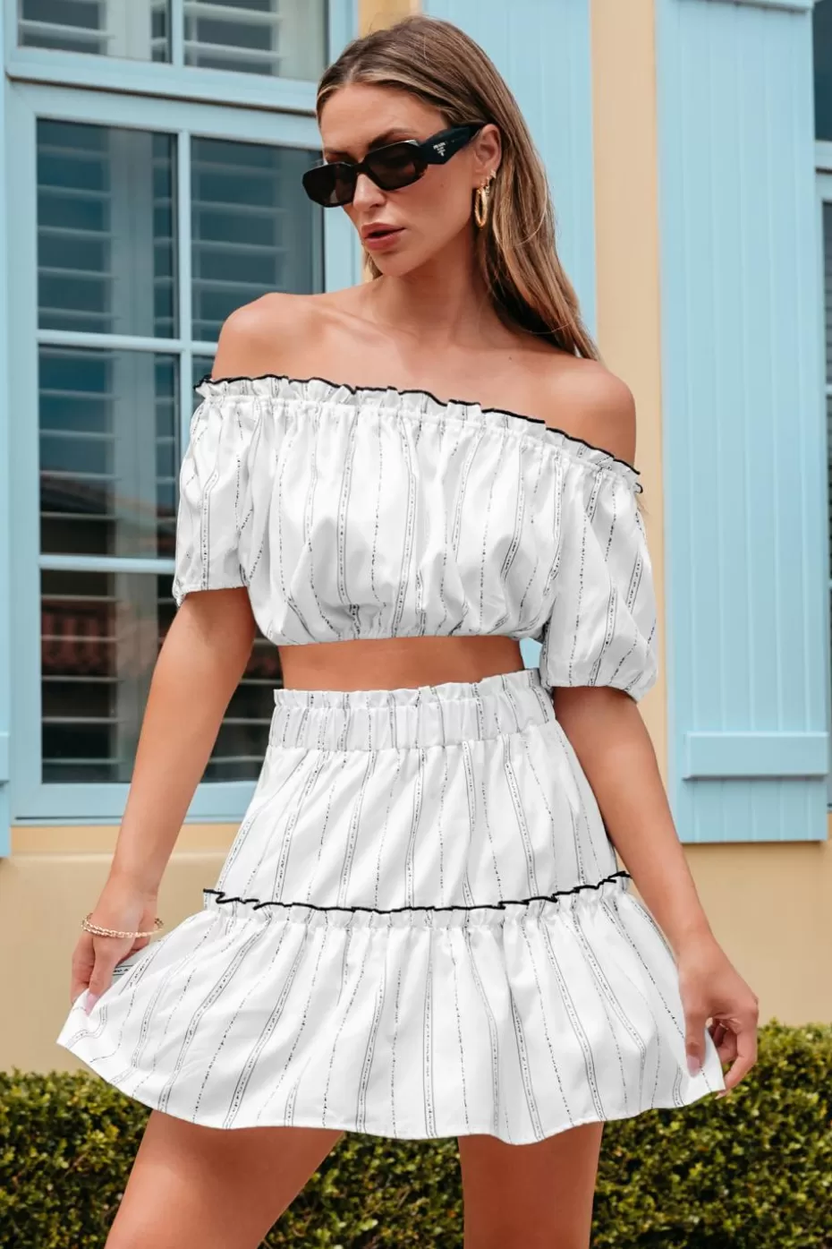 Clearance Cupshe Striped Puff Sleeve Crop Top & Mini Skirt Set White