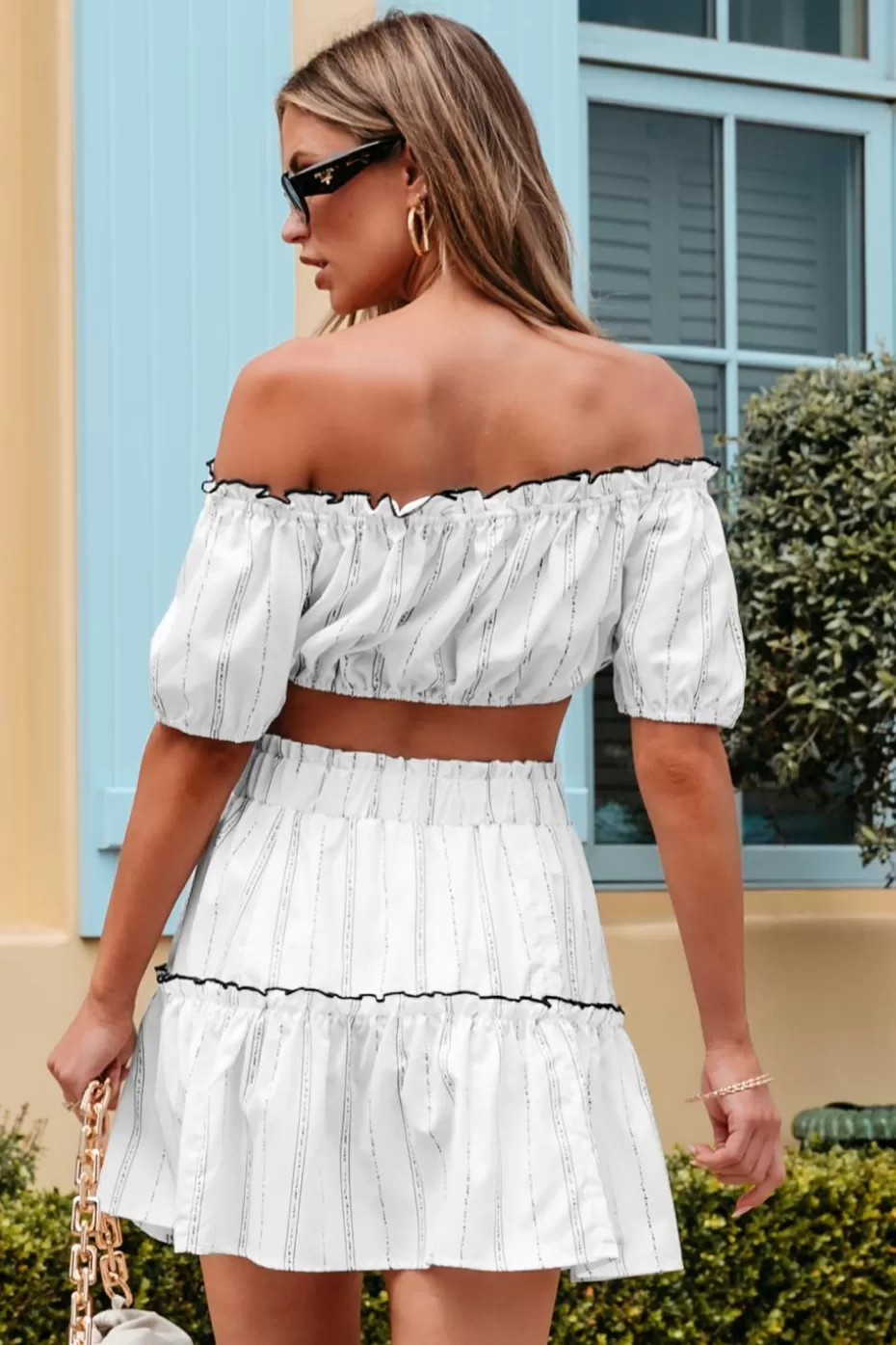 Clearance Cupshe Striped Puff Sleeve Crop Top & Mini Skirt Set White