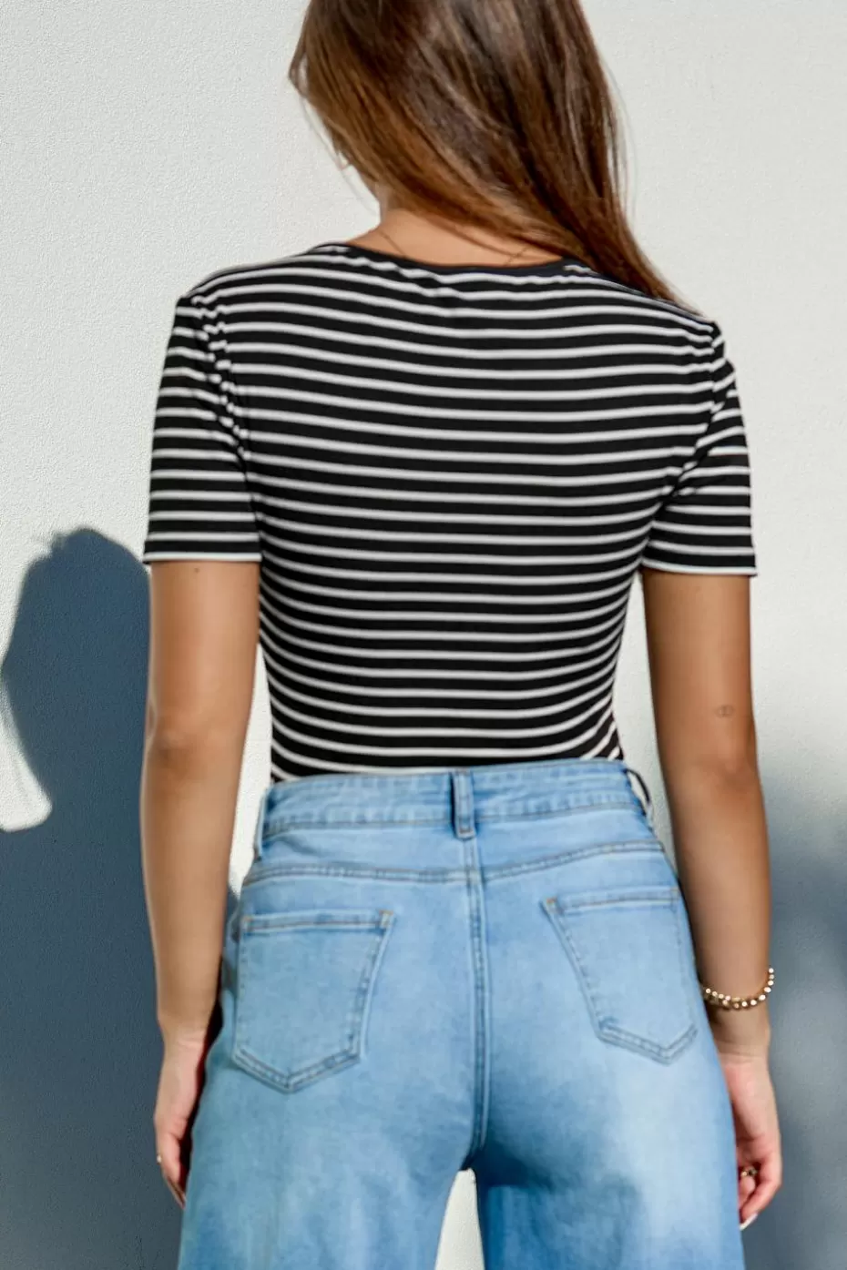Flash Sale Cupshe Striped Round Neck Jersey Tee Black