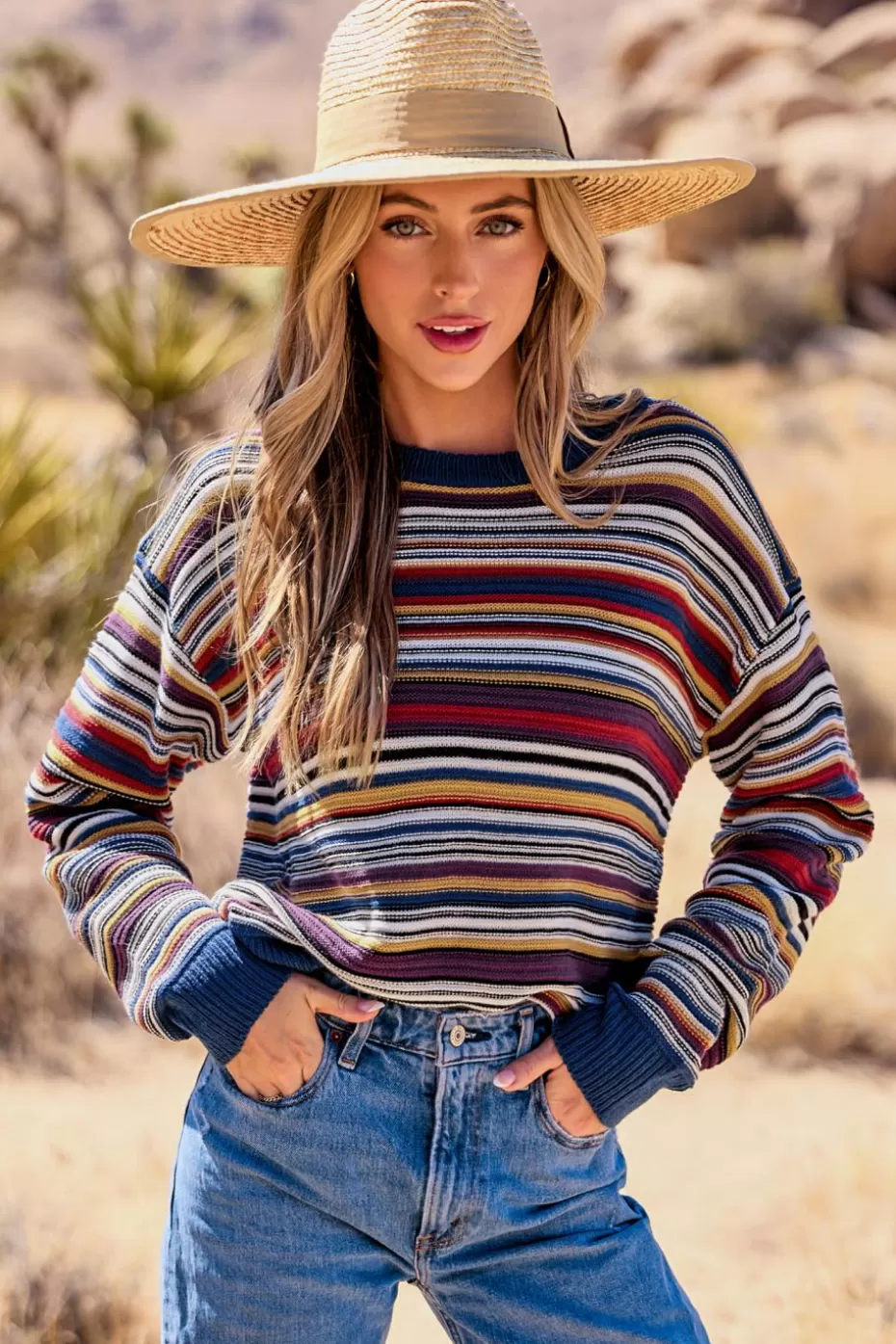 Hot Cupshe Striped Round Neck Long Sleeve Sweater Top Blue