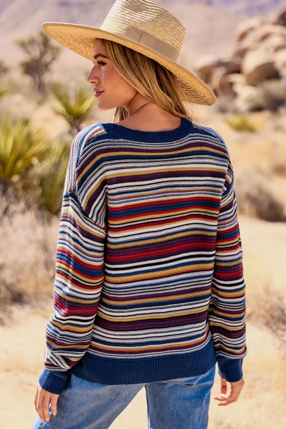 Hot Cupshe Striped Round Neck Long Sleeve Sweater Top Blue