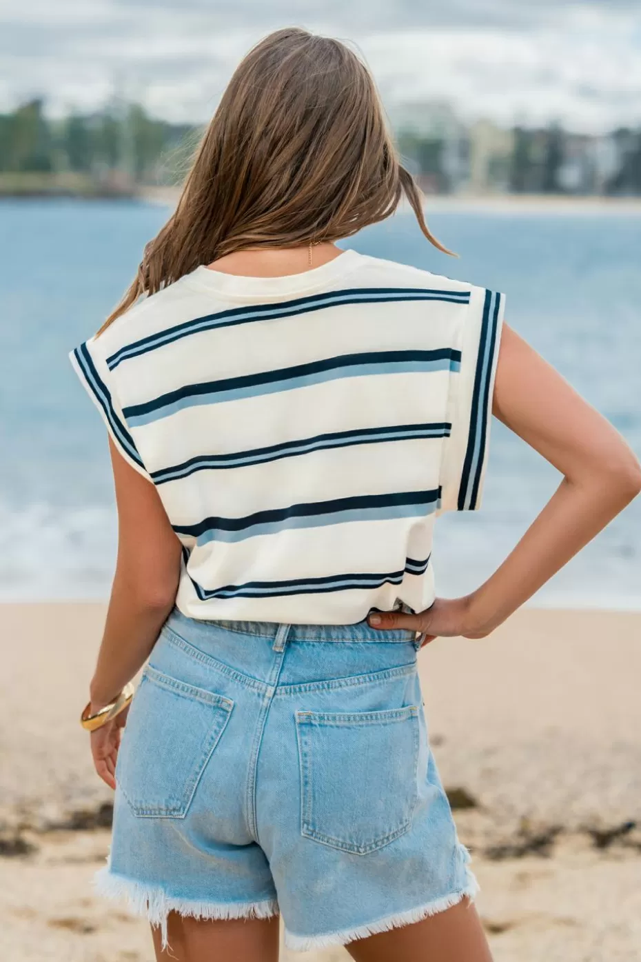 Cheap Cupshe Striped Round Neck Muscle Tee White
