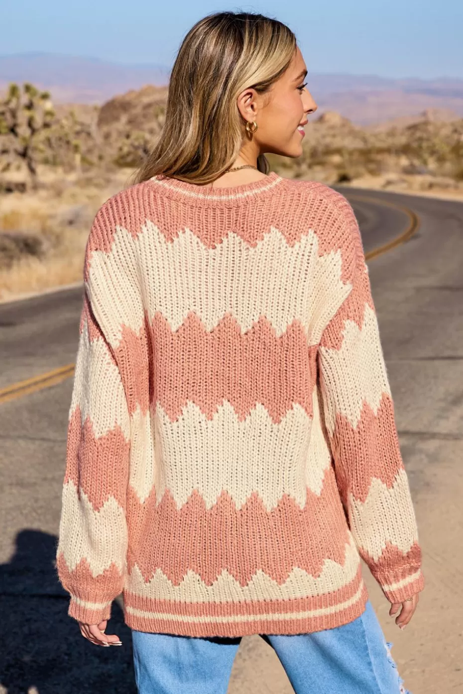 Flash Sale Cupshe Striped Round Neck Puff Sleeve Crochet Sweater Salmon
