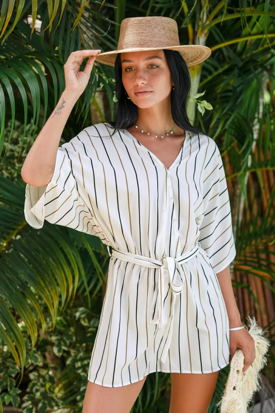 Sale Cupshe Striped Surplice Wide Sleeve Romper White