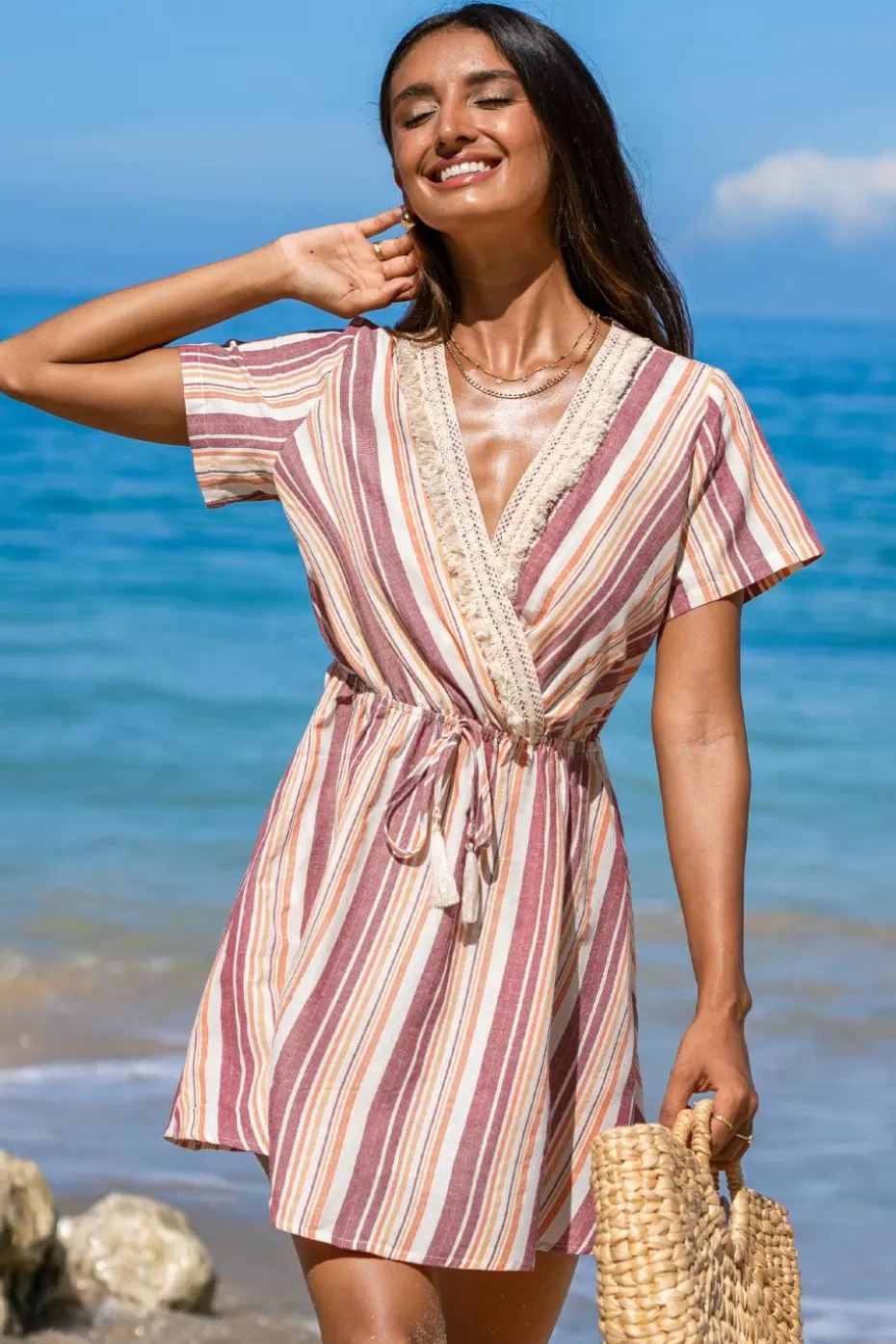 Store Cupshe Striped Surplice-V Tassel Tie Mini Dress Red