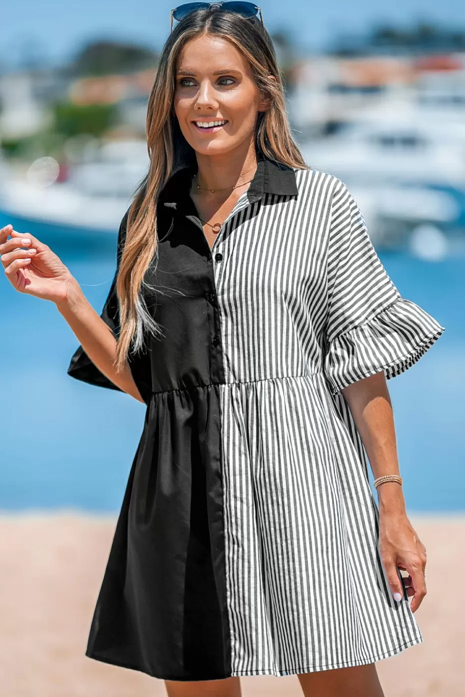 Best Cupshe Striped Two-Tone Shirt Dress Black