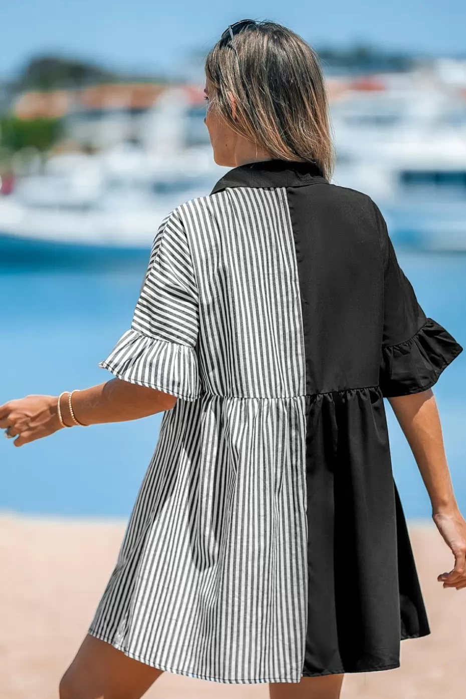 Best Cupshe Striped Two-Tone Shirt Dress Black