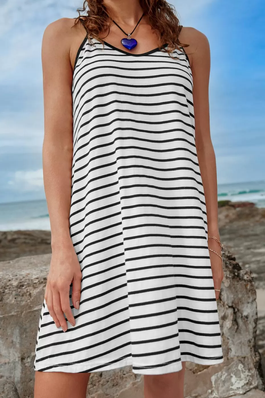 Outlet Cupshe Striped V-Neck Jersey Mini Dress White