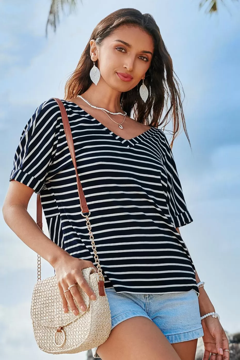 Cheap Cupshe Striped V-Neck Knotted Tee Navy