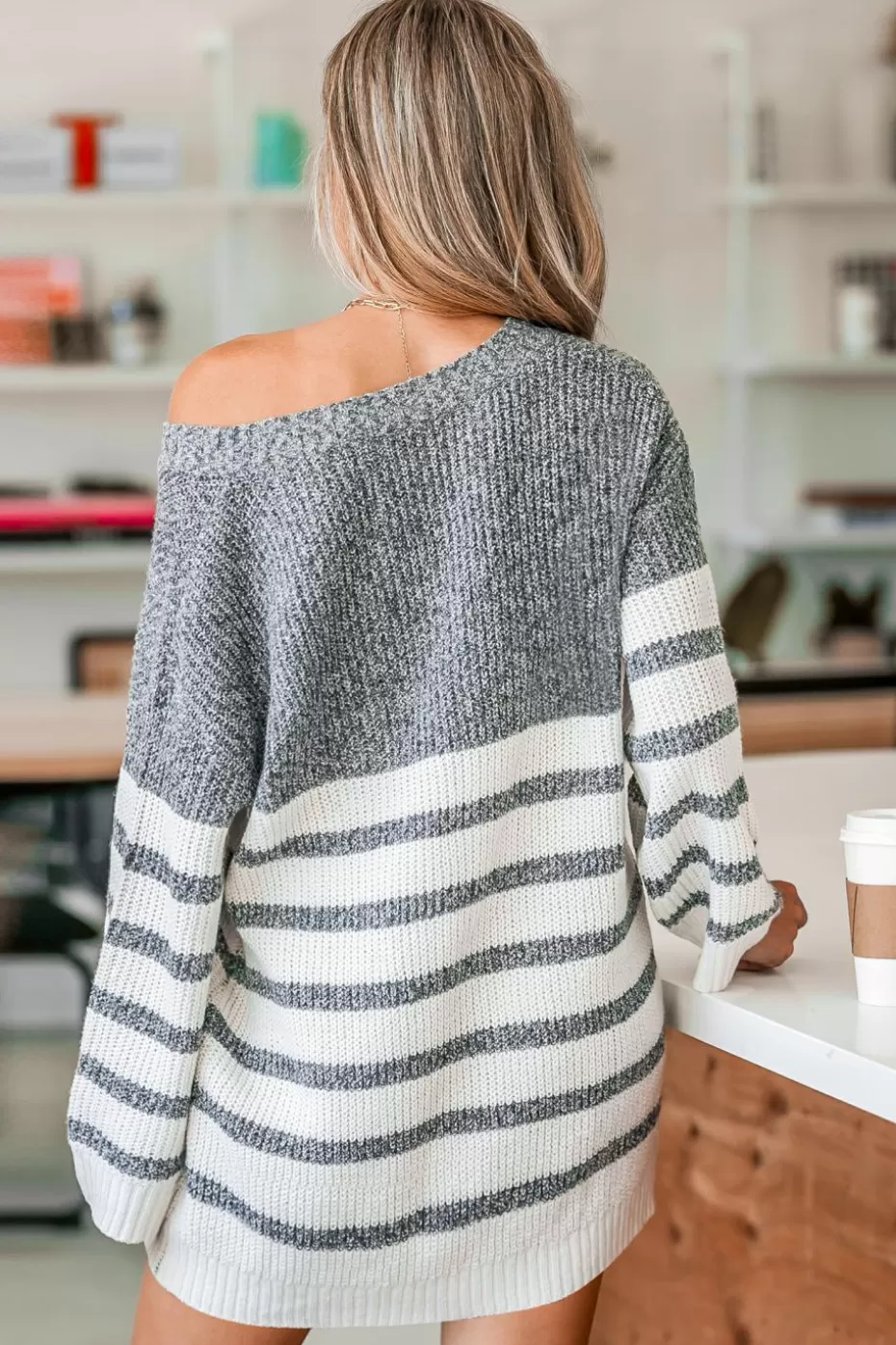 Store Cupshe Striped V-Neck Mini Sweater Dress Grey