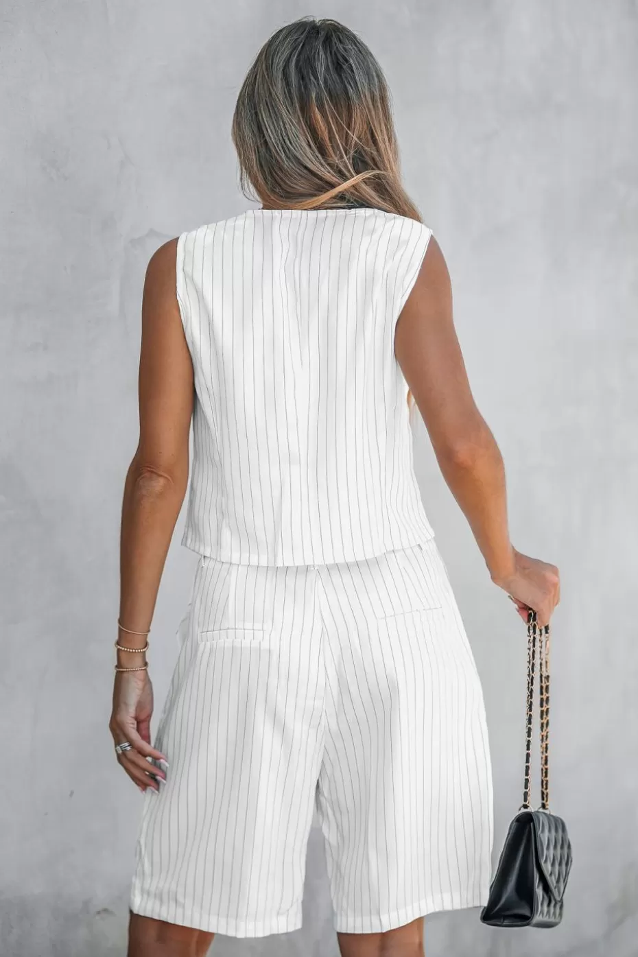 Cheap Cupshe Striped V-Neck Vest & Straight Leg Shorts Set White