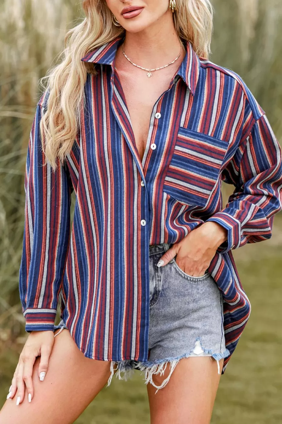Cheap Cupshe Stripes Pocket Button Top Red