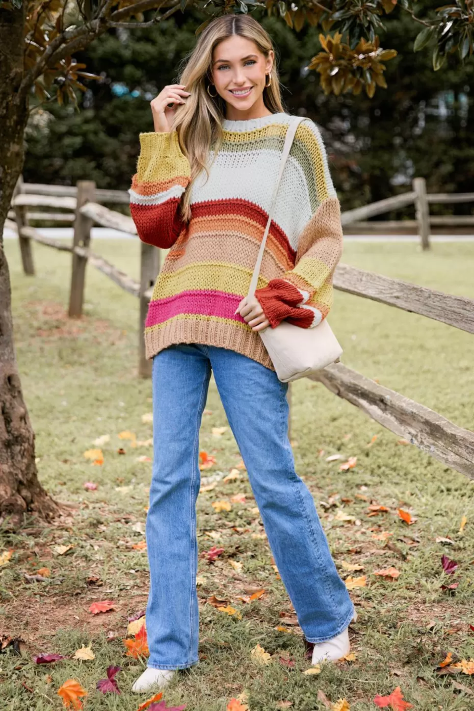 Best Cupshe Sunset Striped Round Neck Long Sleeve Sweater Red