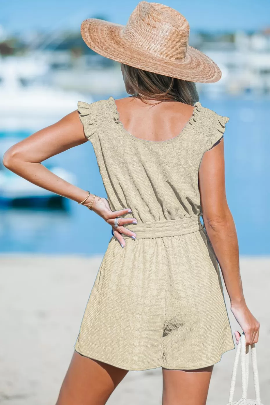 Fashion Cupshe Surplice Neck Sleevless Loose Leg Jersey Romper Neutral