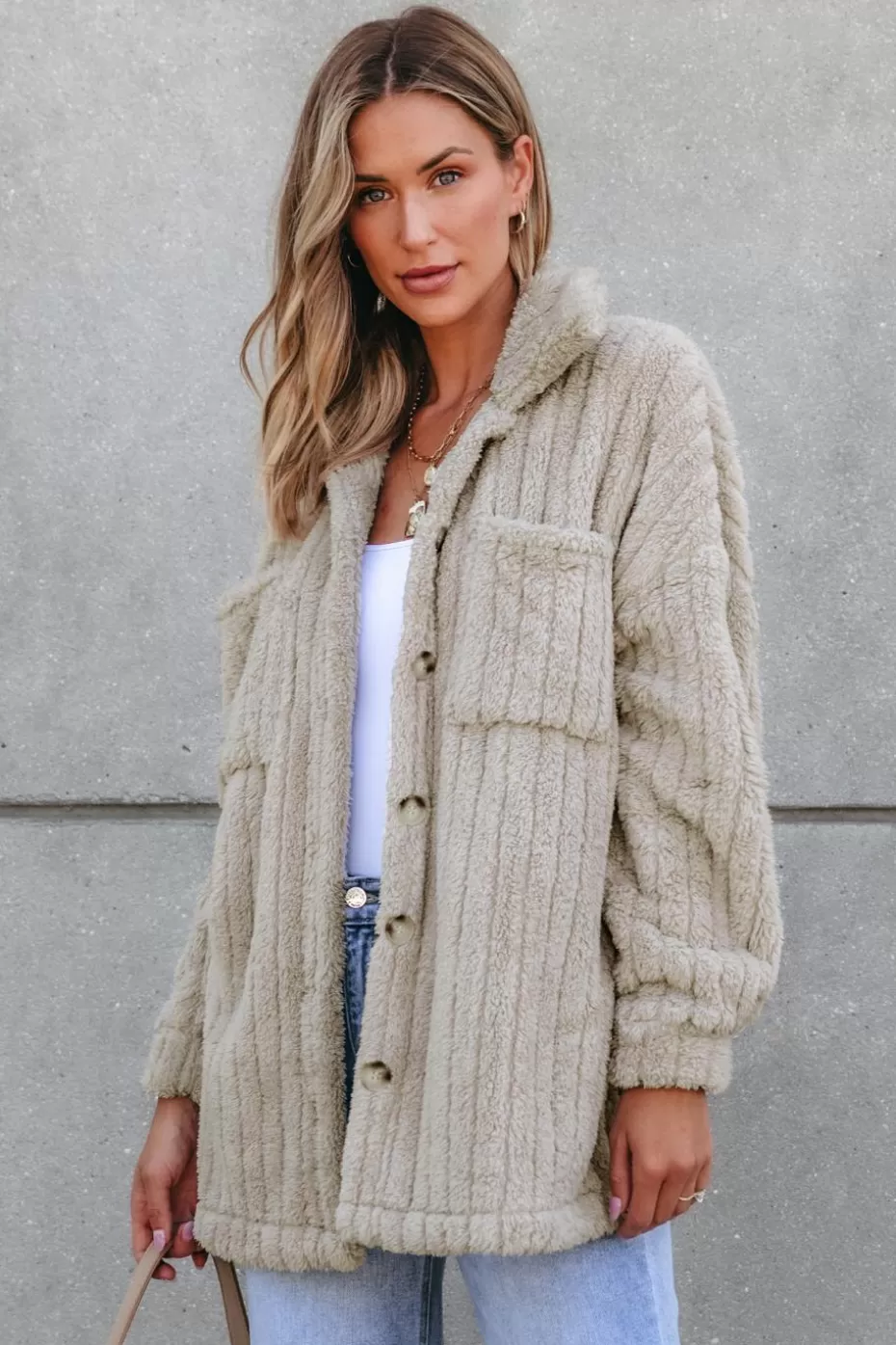 Discount Cupshe Faux Fur Collared Long Sleeve Button Up Jacket Taupe
