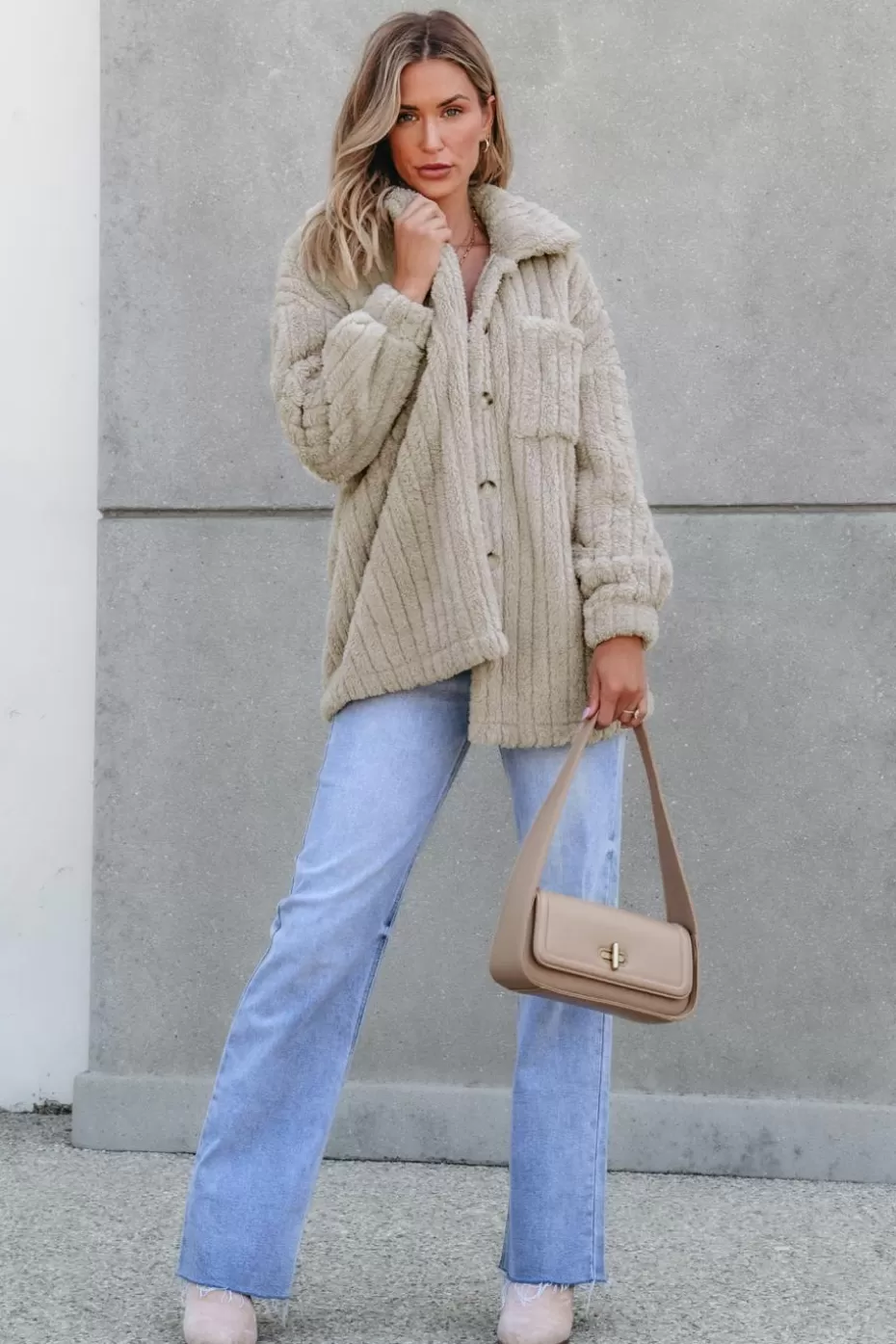 Discount Cupshe Faux Fur Collared Long Sleeve Button Up Jacket Taupe