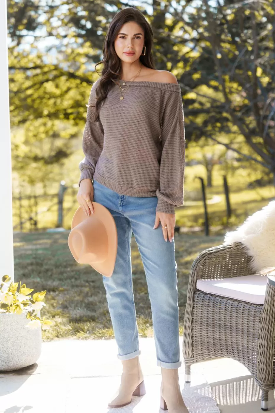 Shop Cupshe Off-Shoulder Long Sleeve Top Taupe