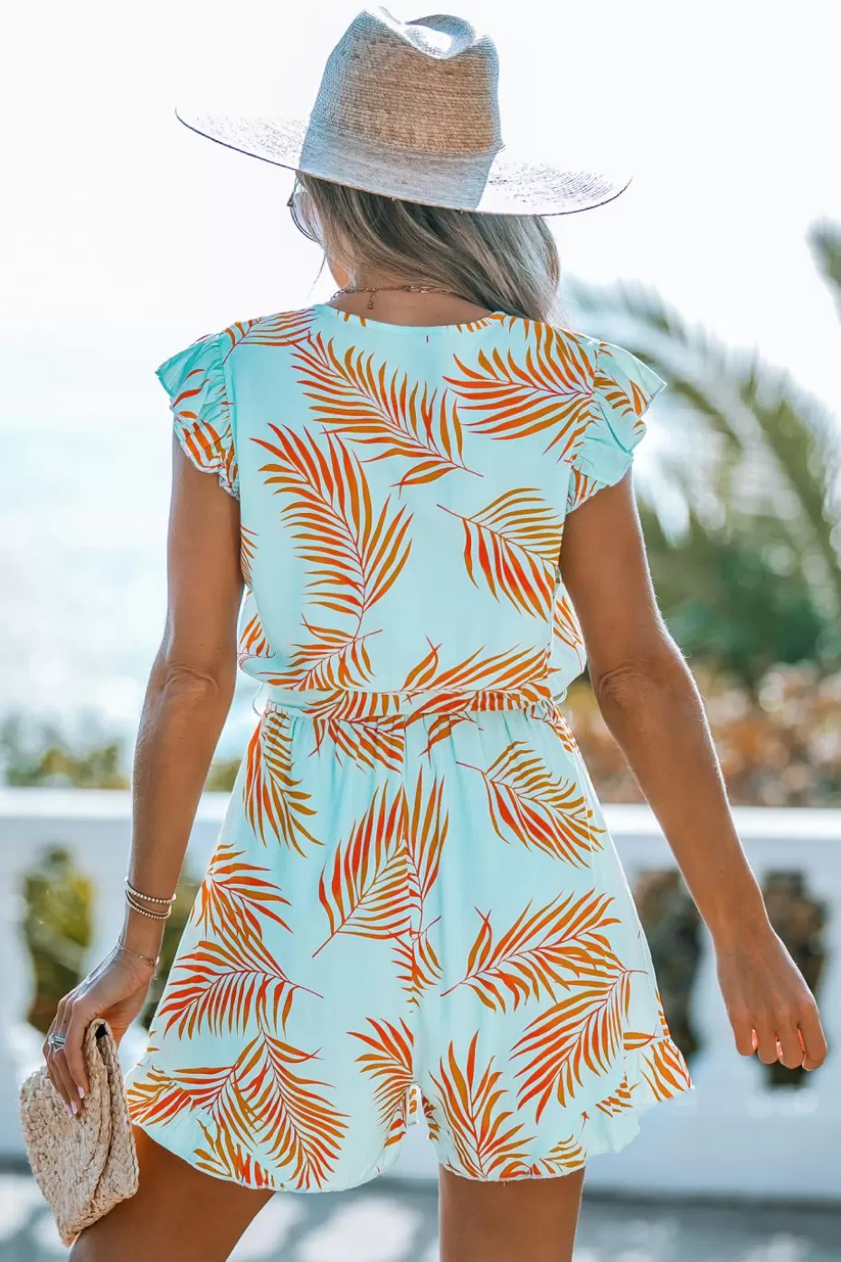 Best Sale Cupshe Teal & Orange Tropical Flutter Sleeve Romper Mint