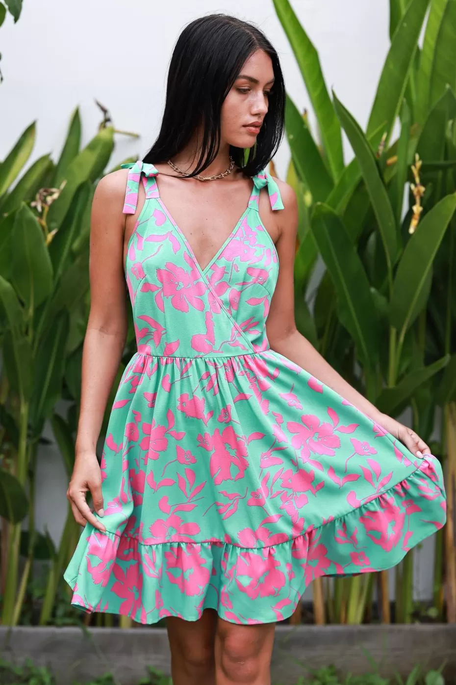 Cheap Cupshe Teal & Pink Sleeveless V-Neck Mini Dress Aqua