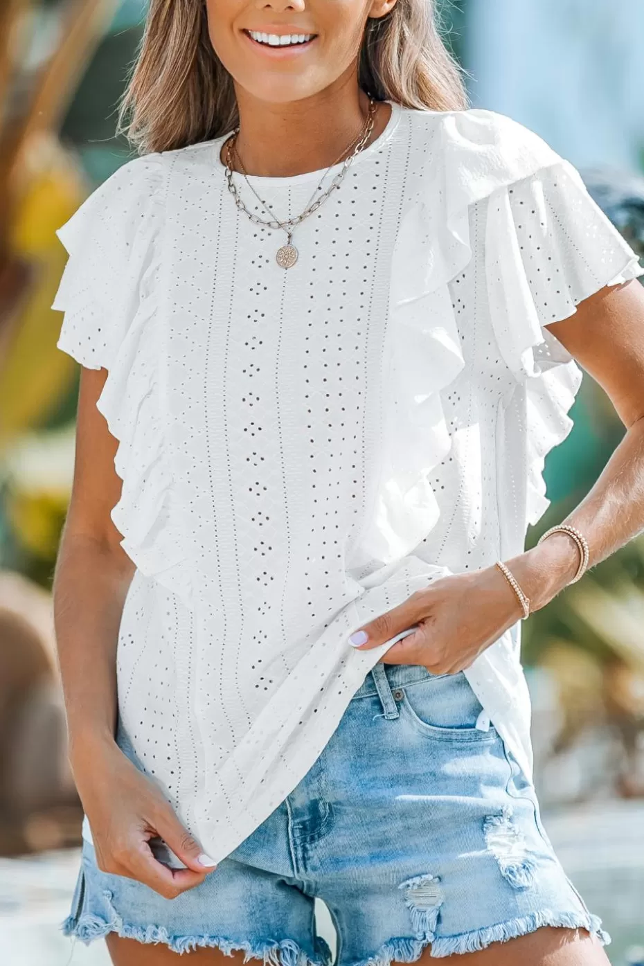 Fashion Cupshe Tiered Ruffle Eyelet Blouse White