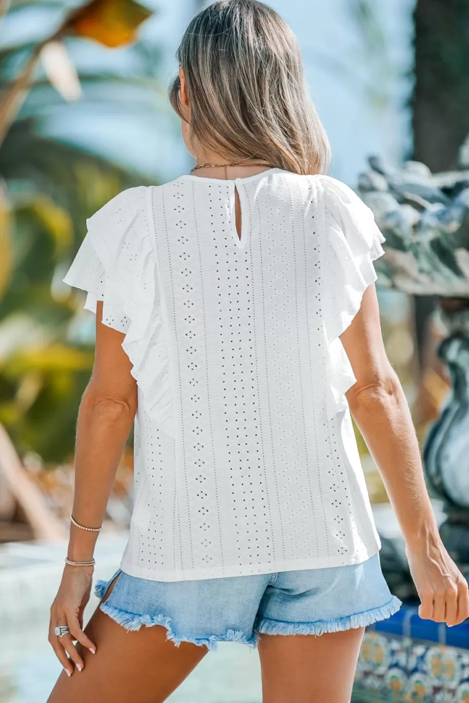 Fashion Cupshe Tiered Ruffle Eyelet Blouse White