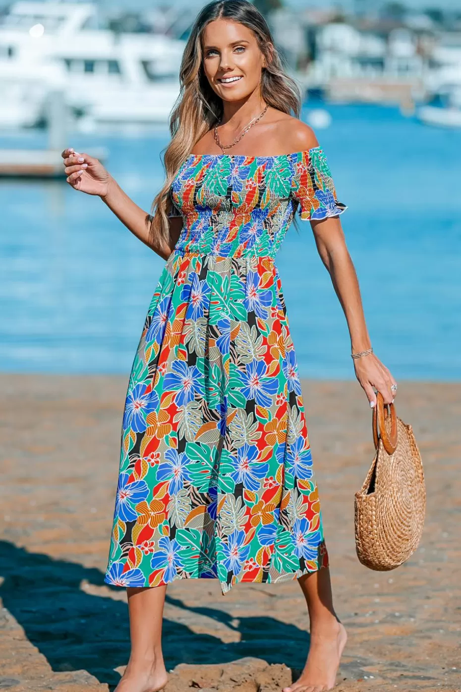 Outlet Cupshe Tropical Bloom Off-Shoulder Smocked Maxi Dress Red