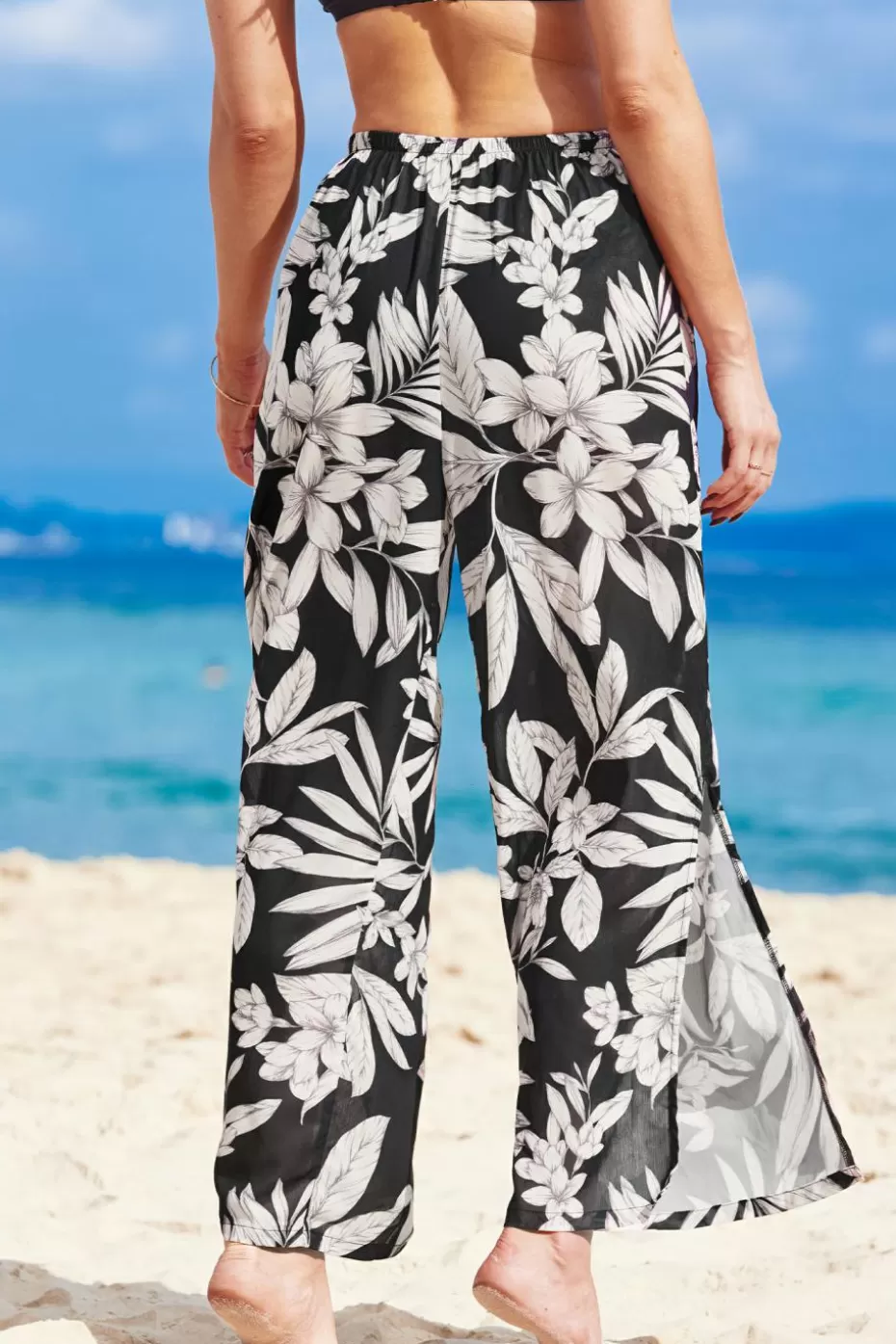 Best Cupshe Tropical Drawstring Straight Leg Pants Black