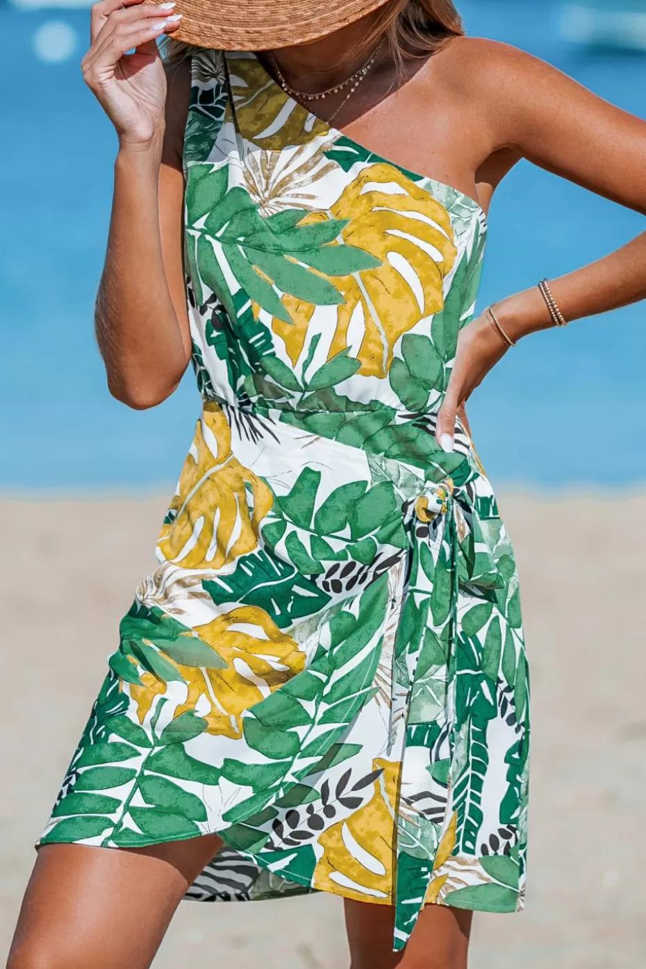 Shop Cupshe Tropical Leaf One-Shoulder Wrap Dress Green
