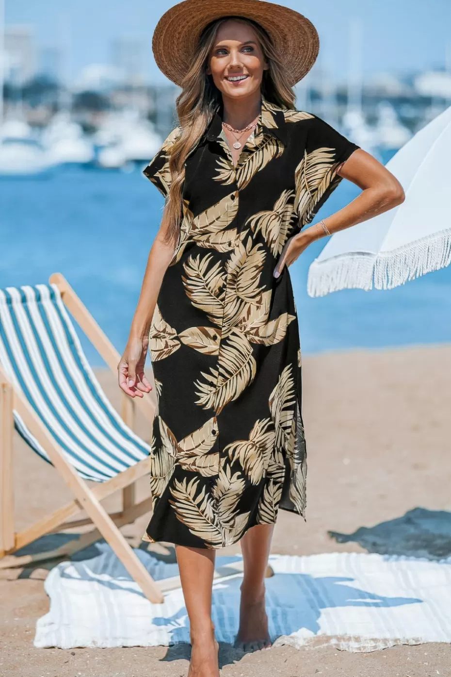Discount Cupshe Tropical Leaf Print Cover-Up Dress Black