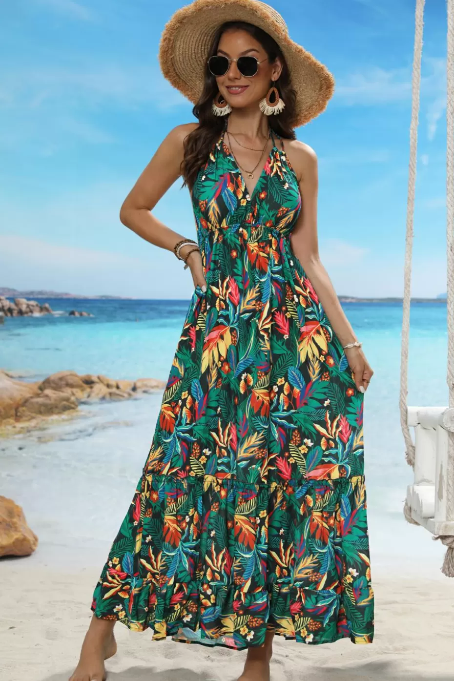 Best Cupshe Tropical Leaf Print Halterneck Dress Green