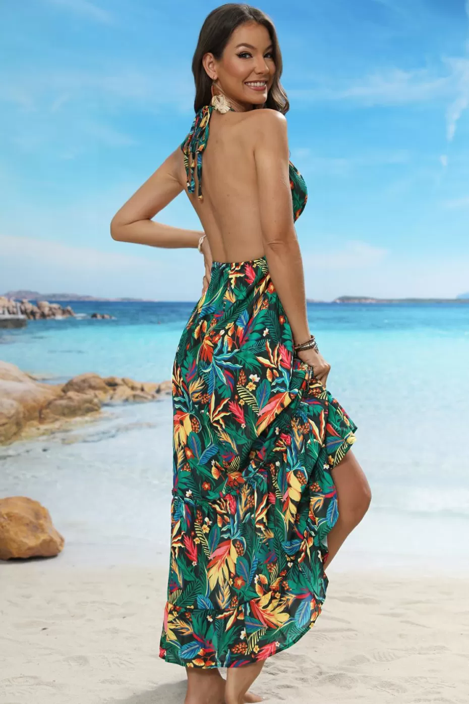 Best Cupshe Tropical Leaf Print Halterneck Dress Green