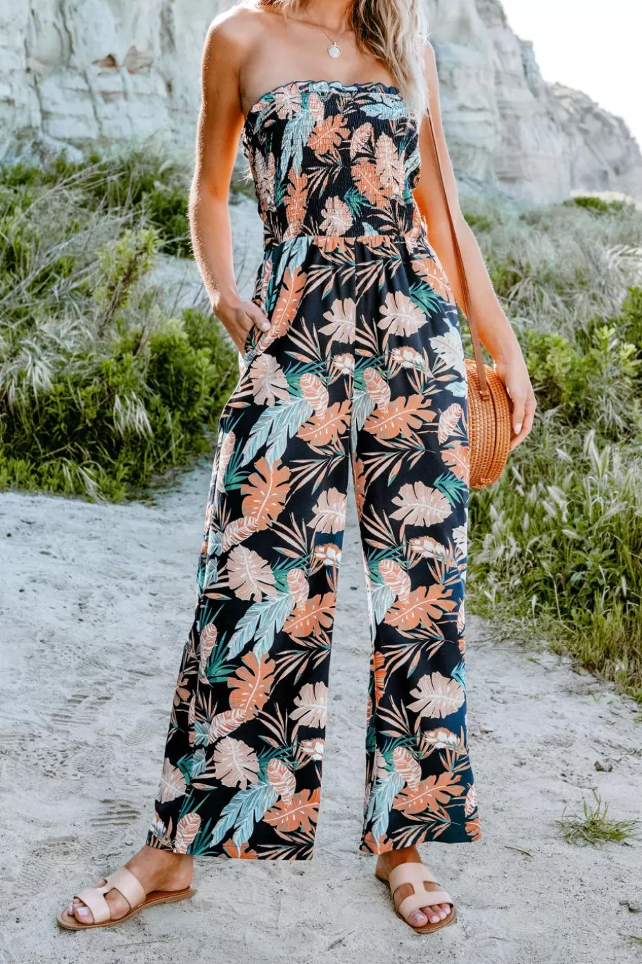 Hot Cupshe Tropical Leaf Print Ruffled Jumpsuit Orange