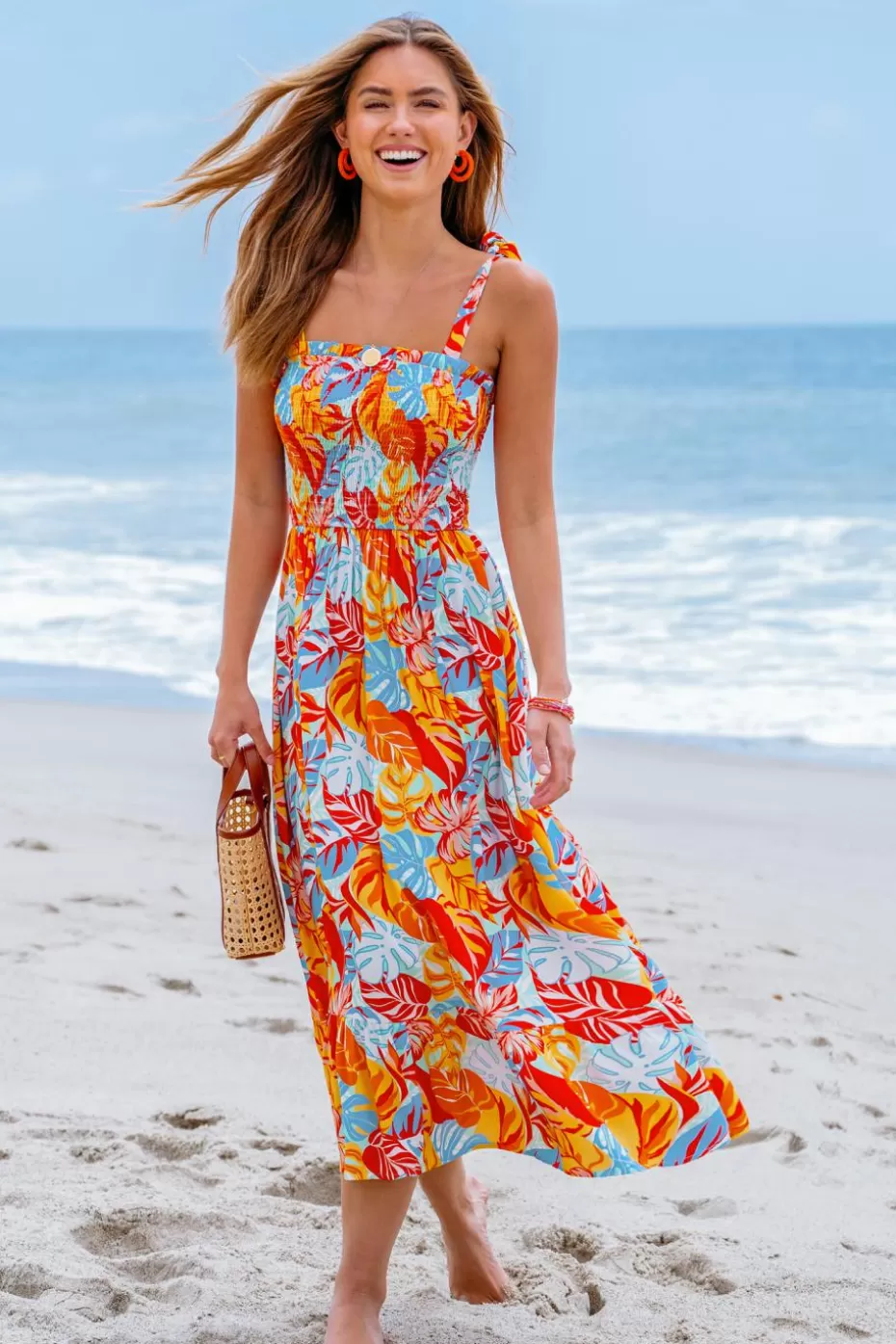 New Cupshe Tropical Leaf Print Tie Strap Maxi Dress Red-Light blue