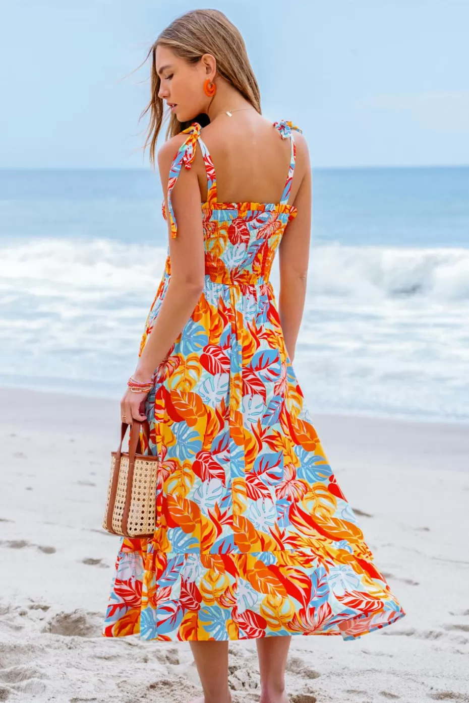 New Cupshe Tropical Leaf Print Tie Strap Maxi Dress Red-Light blue